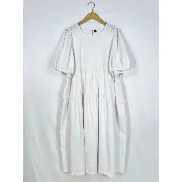 Old Navy Women's Tiered Puff Sleeve Midi Dress XXL White Pockets - Picture 2 of 16
